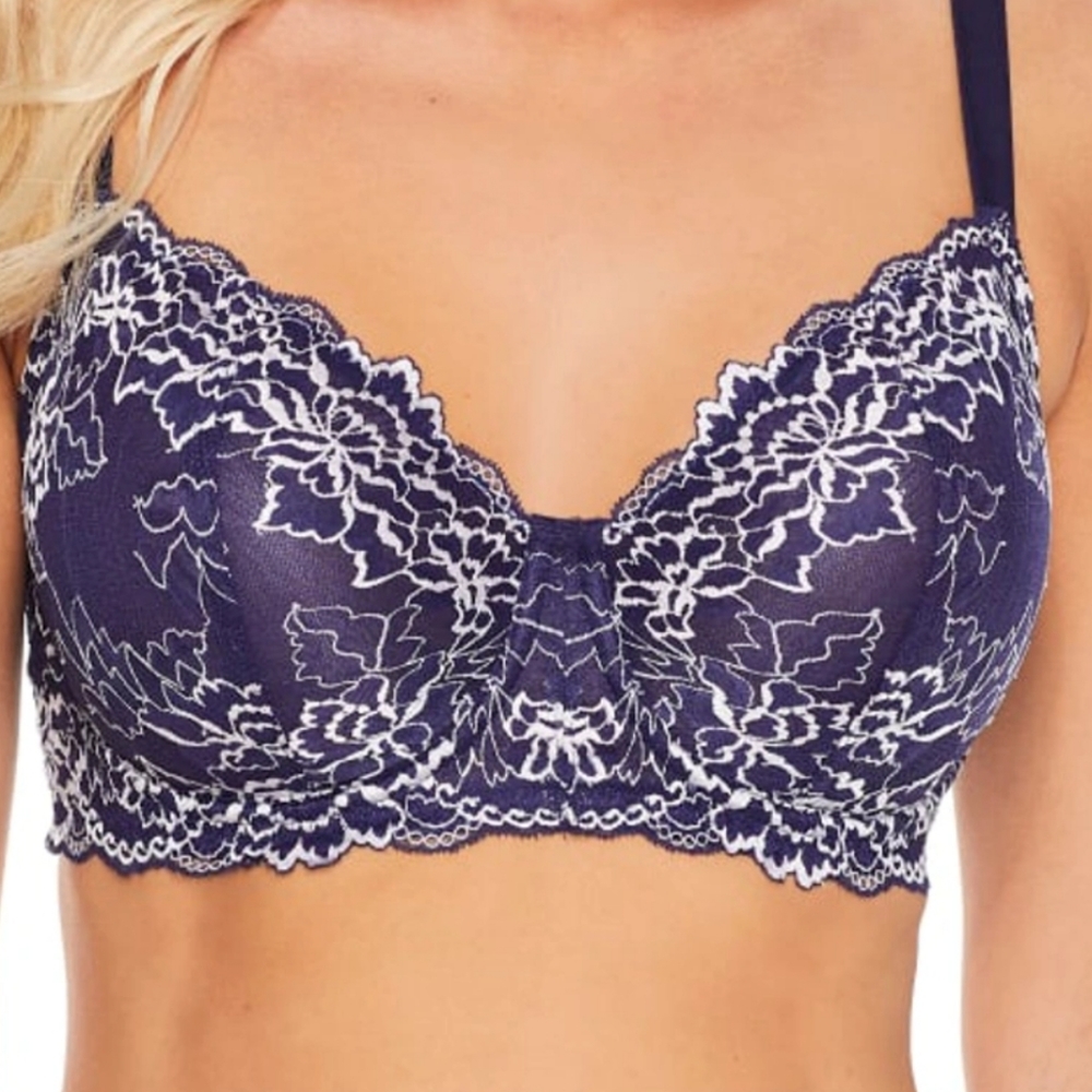Camio Mio unlined navy and white sheer Lace Underwire bra 38D NWT